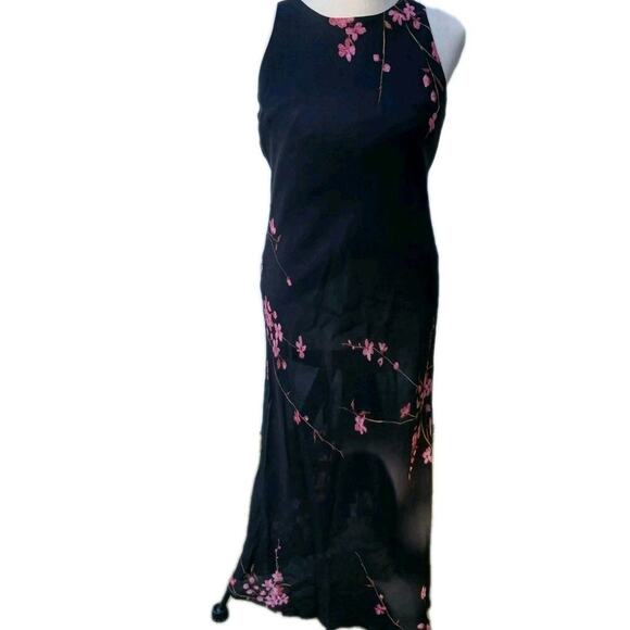 Vintage Y2k 90s Jones Wear Keyhole Back Dress 10 Black Pink Floral Full Length - Picture 1 of 6